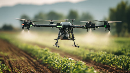 A drone equipped for agricultural purposes sprays pesticides over lush green fields under a bright sky, showcasing modern farming technology in action.の素材