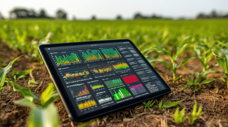 A tablet displaying colorful data analytics related to agriculture rests on rich soil, surrounded by vibrant green crops in a field.の素材