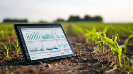 A tablet showcases detailed analytics data in a green agricultural field, highlighting modern farming techniques and crop monitoring.の素材