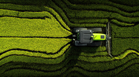 An overhead shot showcasing a bright green rice field being plowed by a modern tractor, illustrating agricultural processes and landscape patterns.の素材
