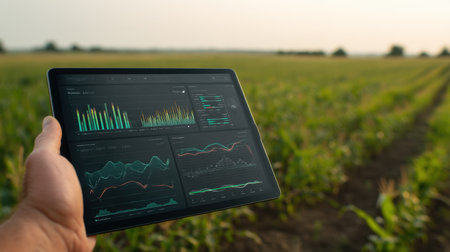 A person holds a tablet displaying a data analytics dashboard in a lush green field, symbolizing modern agriculture technology and farm management.の素材