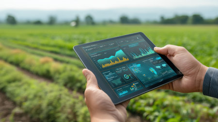 A farmer holds a tablet displaying colorful graphs and analytics in a lush green field, showcasing modern technology's role in data-driven farming and crop management.の素材