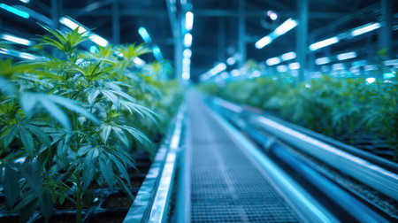A modern indoor cannabis farm showcasing lush green plants thriving under bright LED lights, emphasizing innovative agricultural practices in a controlled environment.の素材