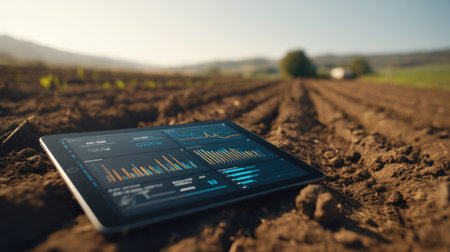 A tablet displaying detailed agricultural data rests on freshly plowed soil, capturing a blend of modern technology and traditional farming in a picturesque landscape.の素材