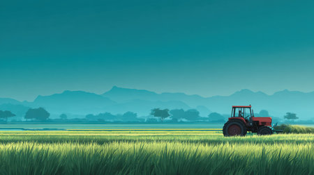 A serene scene featuring a red tractor working in a vibrant green field, framed by distant mountains and a clear blue sky at dusk.の素材