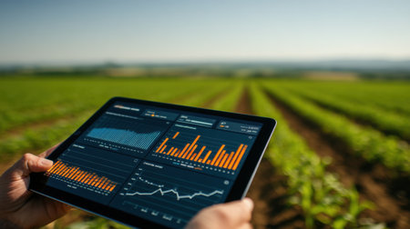 A farmer holds a tablet showcasing analytics while standing in a vast green field, demonstrating the merging of technology and agriculture for effective farming.の素材