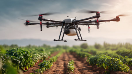 A state-of-the-art agricultural drone captures stunning aerial views of lush green crop fields under a clear sky, showcasing modern farming techniques.の素材