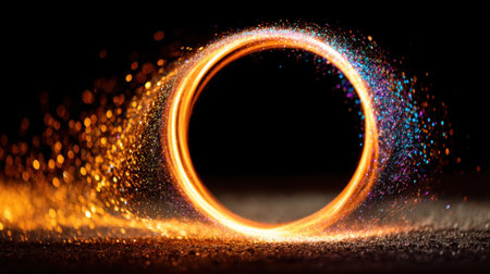 An enchanting glowing circle of light surrounded by dazzling sparkles creates a captivating visual effect against a dark background.の素材