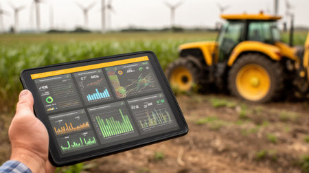 A farmer holds a tablet displaying agricultural data analytics amid a corn field with a tractor and wind turbines, showcasing modern farming technology.の素材