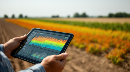 A farmer uses a tablet to analyze vital data in a vibrant field, showcasing the integration of technology with modern agricultural practices.の素材