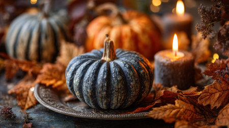 Experience the warmth of autumn with a charming arrangement of pumpkins, softly glowing candles, and vibrant leaves on a silver platter.の素材