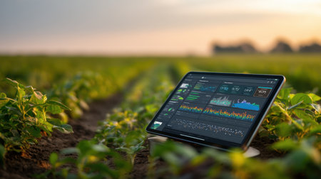A tablet displaying agricultural data sits amidst lush crops in an open field, set against a stunning sunset backdrop, symbolizing modern farming innovation and technology.の素材