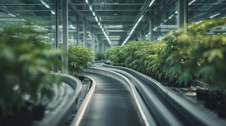 A vibrant indoor farm features a conveyor system transporting pots of growing plants. The controlled glass environment promotes sustainable agriculture and technology-driven cultivation.の素材