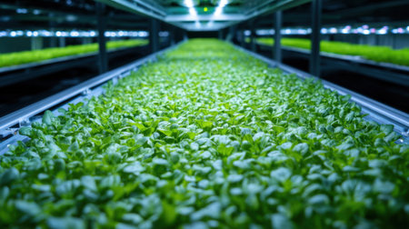 A vibrant indoor hydroponic farm showcasing rows of fresh green leafy vegetables cultivated under bright LED lights. This modern agricultural method demonstrates sustainable farming practices, enhancing food production efficiency and nutrition.の素材