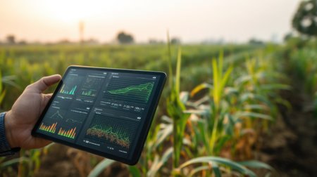 A farmer uses a tablet displaying analytics for crop monitoring and management in a rural field during sunset. This image highlights the fusion of technology and agriculture, showcasing how data can optimize farming practices.の素材
