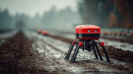 This image features an innovative agricultural robot in a muddy field, showcasing its unique design and advanced technology in farming automation.の素材