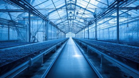 This bright greenhouse interior showcases an inviting space filled with rows of plant beds under abundant natural light, emphasizing modern agriculture and horticulture.の素材