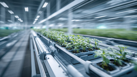 A view of a high-tech vertical farming system in a modern greenhouse, showcasing seedlings arranged on trays and illuminated by artificial light.の素材