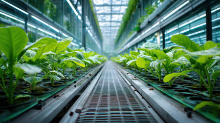 A vibrant view of lush green plants thriving in a modern greenhouse, showcasing an advanced hydroponic system with abundant natural light.の素材