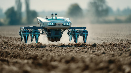 This image showcases an advanced agricultural robot designed for precision farming, navigating a modern agricultural landscape to enhance efficiency and sustainability.の素材