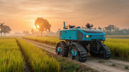A futuristic farming robot operates in a lush rice field at sunset, showcasing the blend of technology and nature in modern agriculture.の素材