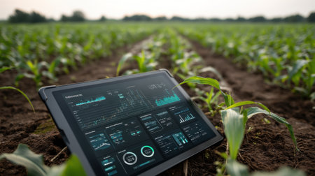 A digital tablet shows crucial data insights in the midst of a lush green cornfield, representing the fusion of technology and agriculture.の素材