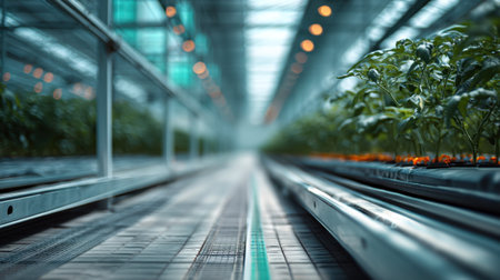 A spacious modern greenhouse filled with healthy plants under natural light, showcasing organized rows designed for efficient agricultural practices.の素材