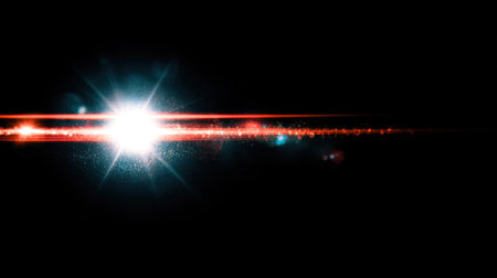 This abstract image features a striking light beam with glowing particles, creating a mesmerizing effect on a dark background. Perfect for design projects.の素材