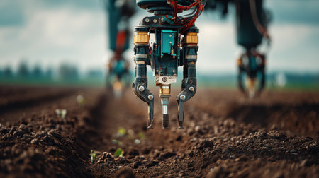 A close-up view of robotic hands working in the soil, showcasing the integration of technology into modern farming techniques for improved sustainability.の素材