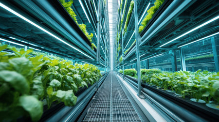 Explore a modern indoor hydroponic farming system showcasing rows of fresh lettuce thriving under innovative LED lighting, emphasizing sustainable agriculture.の素材