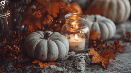 This charming autumn scene features white pumpkins, glowing candles, and rustic elements, creating a cozy atmosphere perfect for seasonal decor.の素材