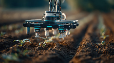 This image showcases a robotic system designed for precision agriculture, highlighting modern technology's role in enhancing crop health and farming sustainability.の素材