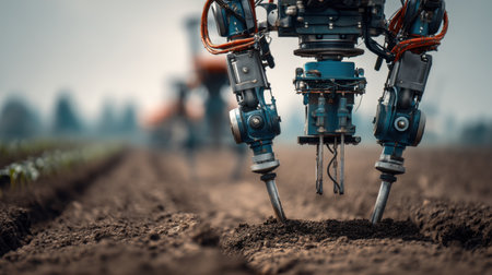 An advanced robotic system using hydraulic arms for cultivation, showcasing technology's role in modern agriculture and sustainable farming practices.の素材