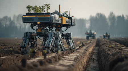 A cutting-edge agricultural robot works diligently in a vast crop field at dusk, showcasing modern farming techniques and innovations.の素材