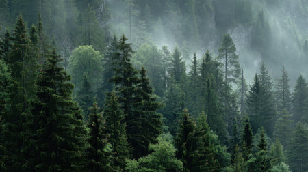 This captivating image showcases a dense evergreen forest enveloped in fog, featuring towering trees and vibrant greenery. The serene landscape invites a sense of calm and connection with nature.の素材