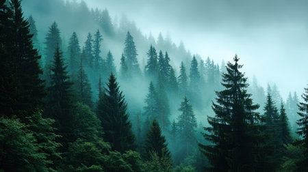 Discover a captivating misty forest landscape filled with evergreen trees, enveloped in fog, creating an ethereal and serene atmosphere.の素材