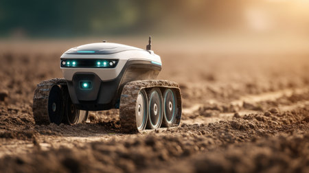 A small agricultural robot navigates through a farm field, performing soil analysis and crop monitoring under the warm evening sunlight.の素材