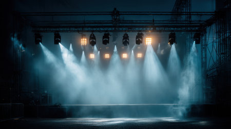 This image features an empty stage with dramatic lighting and fog, creating an atmospheric backdrop ideal for concerts or events.の素材