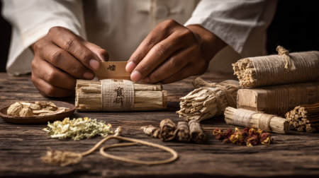 Captivating scene showcasing hands arranging traditional herbal ingredients on a rustic wooden table, emphasizing the beauty of natural medicine practices.の素材