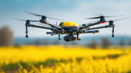 A stunning drone hovers above a vibrant yellow flower field, showcasing the beauty of nature and technology in harmony on a clear sunny day.の素材