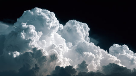 A captivating view of thick clouds illuminated by soft light against a dark sky, showcasing the beauty and drama of stormy weather.の素材