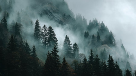 A misty forest landscape featuring tall pine trees surrounded by fog and mountains, creating a serene and atmospheric nature scene.の素材
