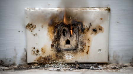 This close-up image showcases an electrical outlet displaying burn damage and mold growth, highlighting serious maintenance issues in a home.の素材