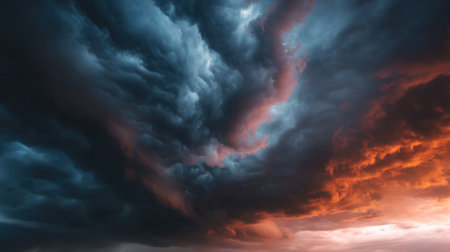 This stunning image captures a dramatic sky filled with swirling clouds illuminated by fiery sunset colors, creating an awe-inspiring natural scene.の素材