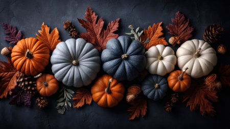This stunning autumn display features an array of pumpkins in various colors and enchanting leaves, perfect for seasonal decor.の素材
