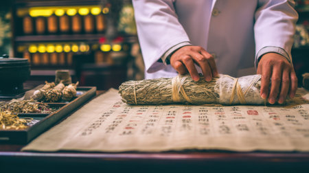A skilled herbalist diligently prepares medicinal herbs and traditional scrolls in a serene Asian apothecary, embodying ancient healing practices.の素材