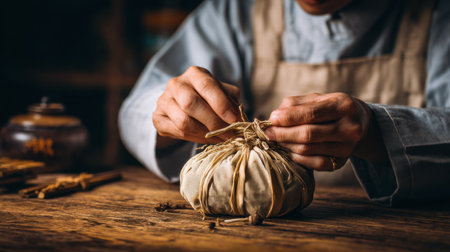Close-up of a craftsperson skillfully tying a fabric bundle with twine in a cozy artisan workshop, showcasing intricate craftsmanship and attention.の素材