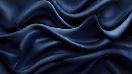 This image showcases an elegant dark navy silky fabric with smooth textures and flowing folds, perfect for fashion or interior design projects.の素材
