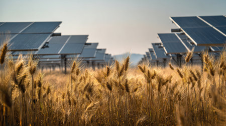 This image captures a beautiful wheat field in the foreground, complemented by a modern solar panel array in the background. The scene highlights the harmony between agriculture and renewable energy.の素材