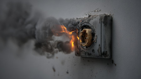 A smoking electrical outlet is shown with flames and dark smoke, depicting the dangers of faulty wiring and electrical fires in homes.の素材